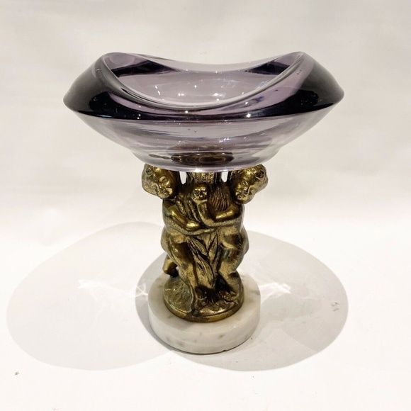 Vtg regency AMETHYST GLASS dish Compote Bowl footed Marble Brass Cherub Art Deco - Picture 1 of 7